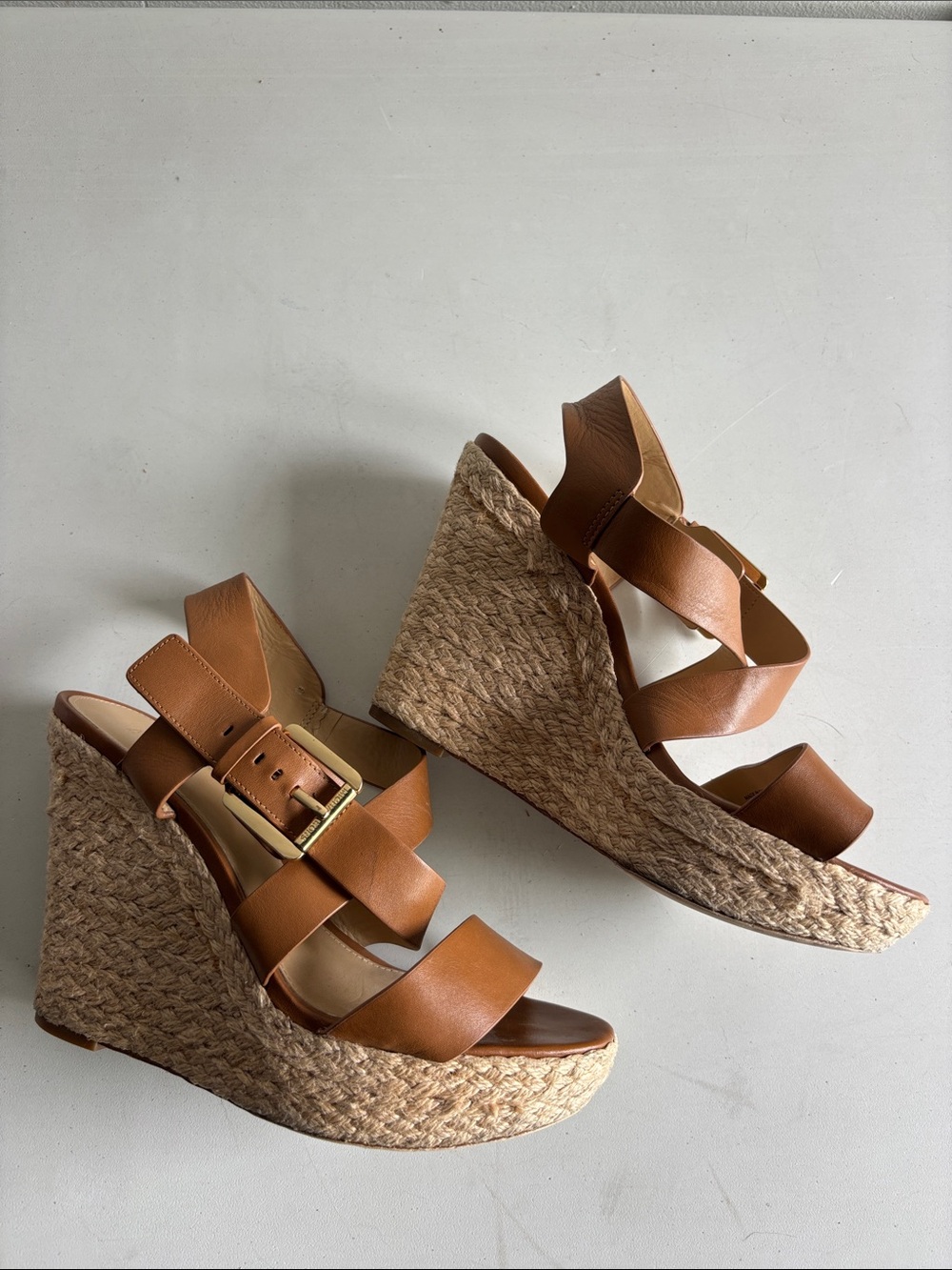 Michael Kors Tan Leather Espadrille Wedge Sandals with Gold Buckle